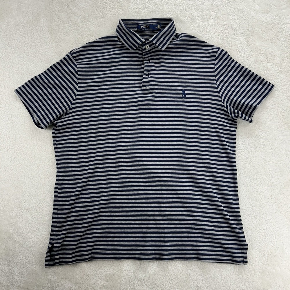 Polo Ralph Lauren Polo Shirt Men's L Gray/Blue Striped Stretchy Soft Check Meas.